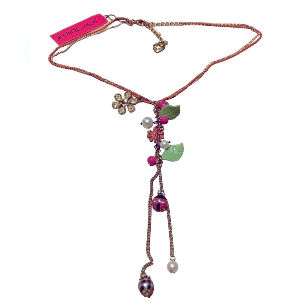 BETSEY JOHNSON Vintage Y-Drop Double-Strand Gold Beaded Charm Necklace NEW NWT